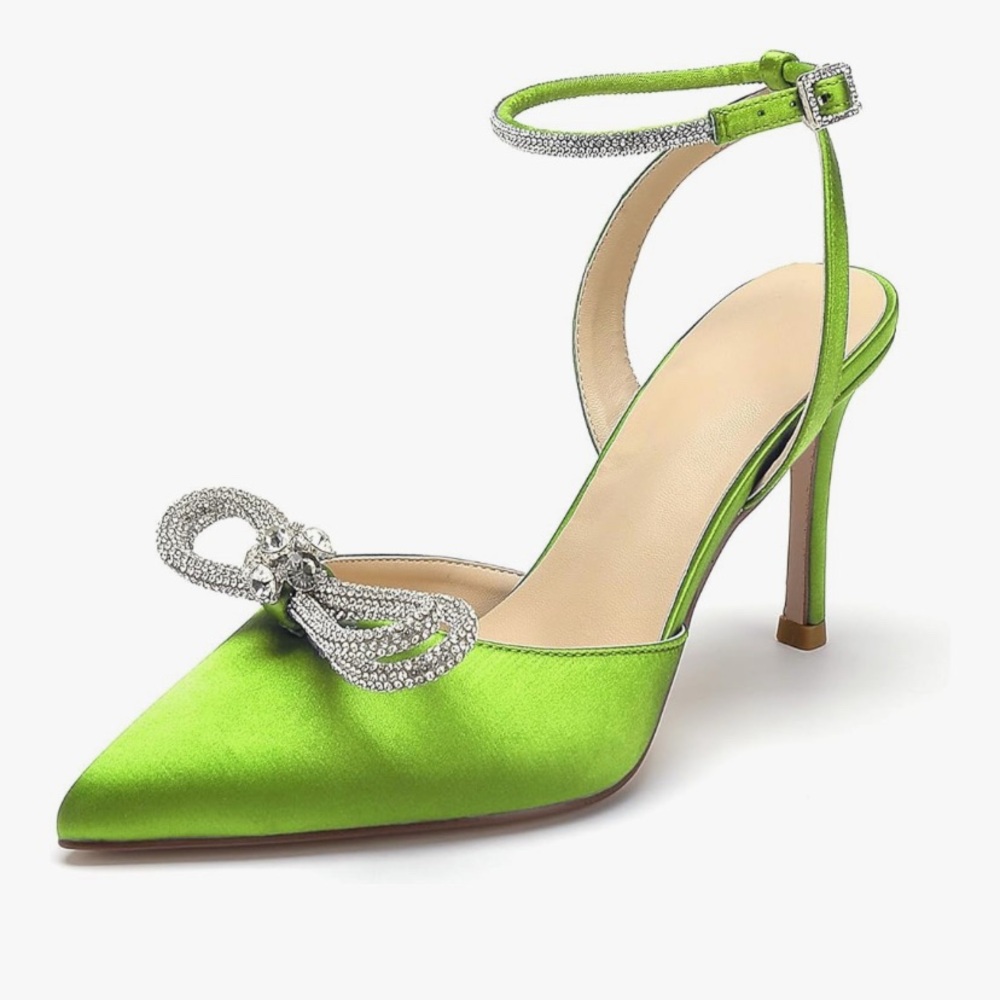 Elegant Green Satin Women's Heels with Rhinestone Bow